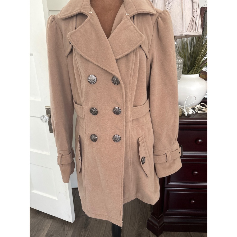 Worthington Tan Double Breasted Pea Coat XL Puffed Shoulder Crest Button
